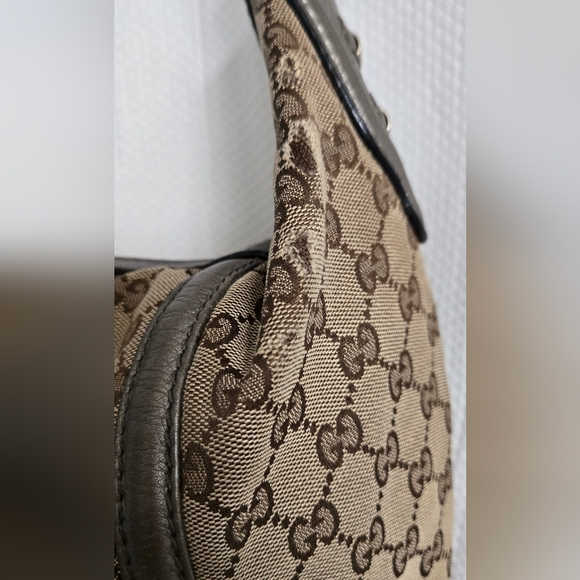 GUC Authentic Gucci GG Beige/ Gray Canvas Techno Horsebit Hobo Handbag - Picture 2 of 16